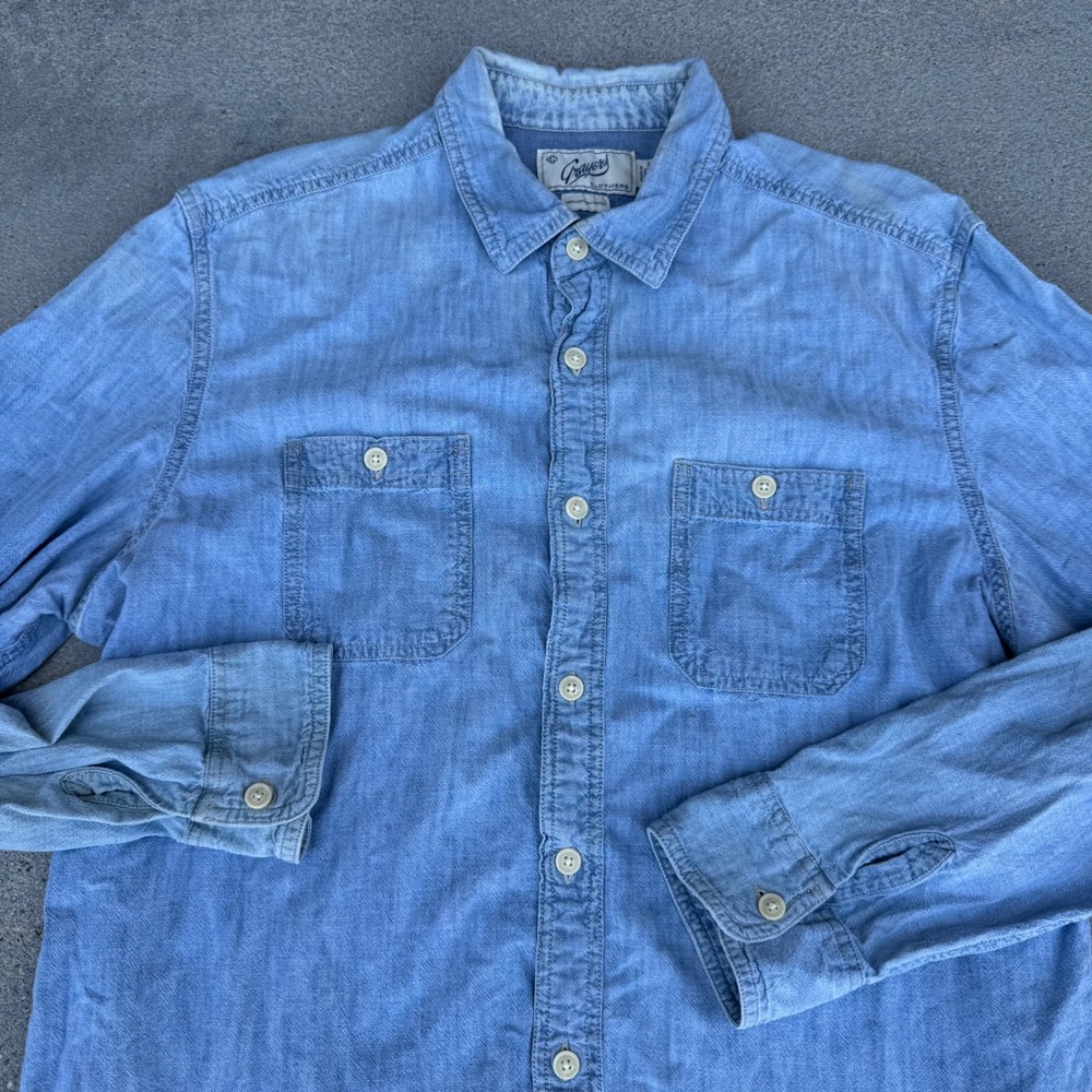 Grayers Clothiers Mens Blue Chambray Denim Button Down Shirt Large L Long Sleeve